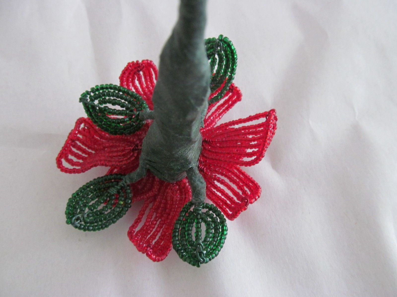 Handcrafted Red & Green French Beaded Flower with Stem Home Decor Gift 11 inch