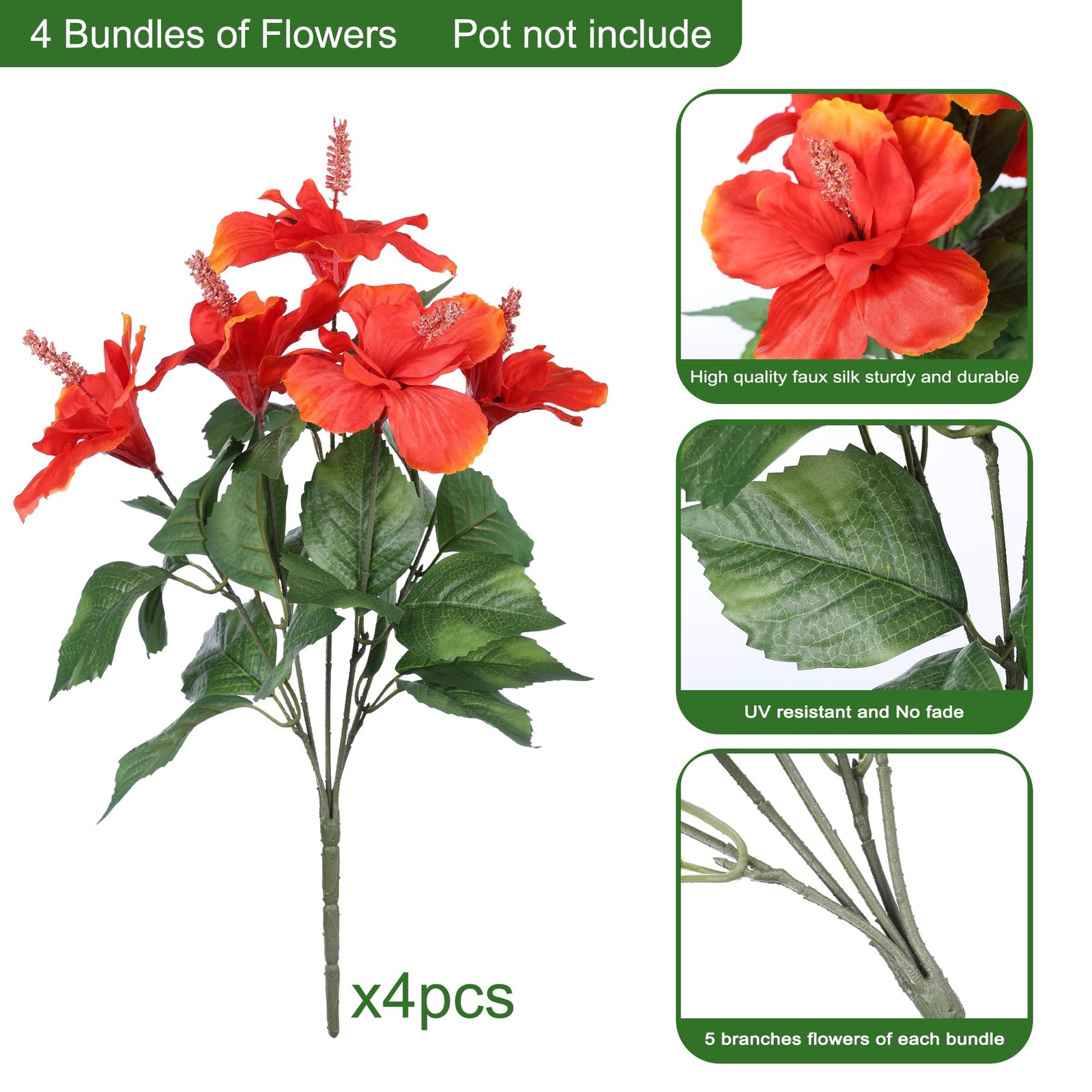 HyeFlora Artificial Hibiscus Flowers for Outdoors Faux Plant Summer Decor, 4 …