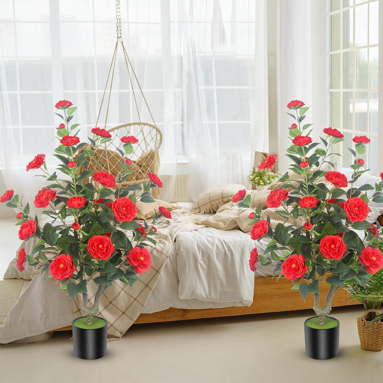 2Pack 39.37″ Red Artificial Camellia Trees in Cement Pots – Lifelike Decor