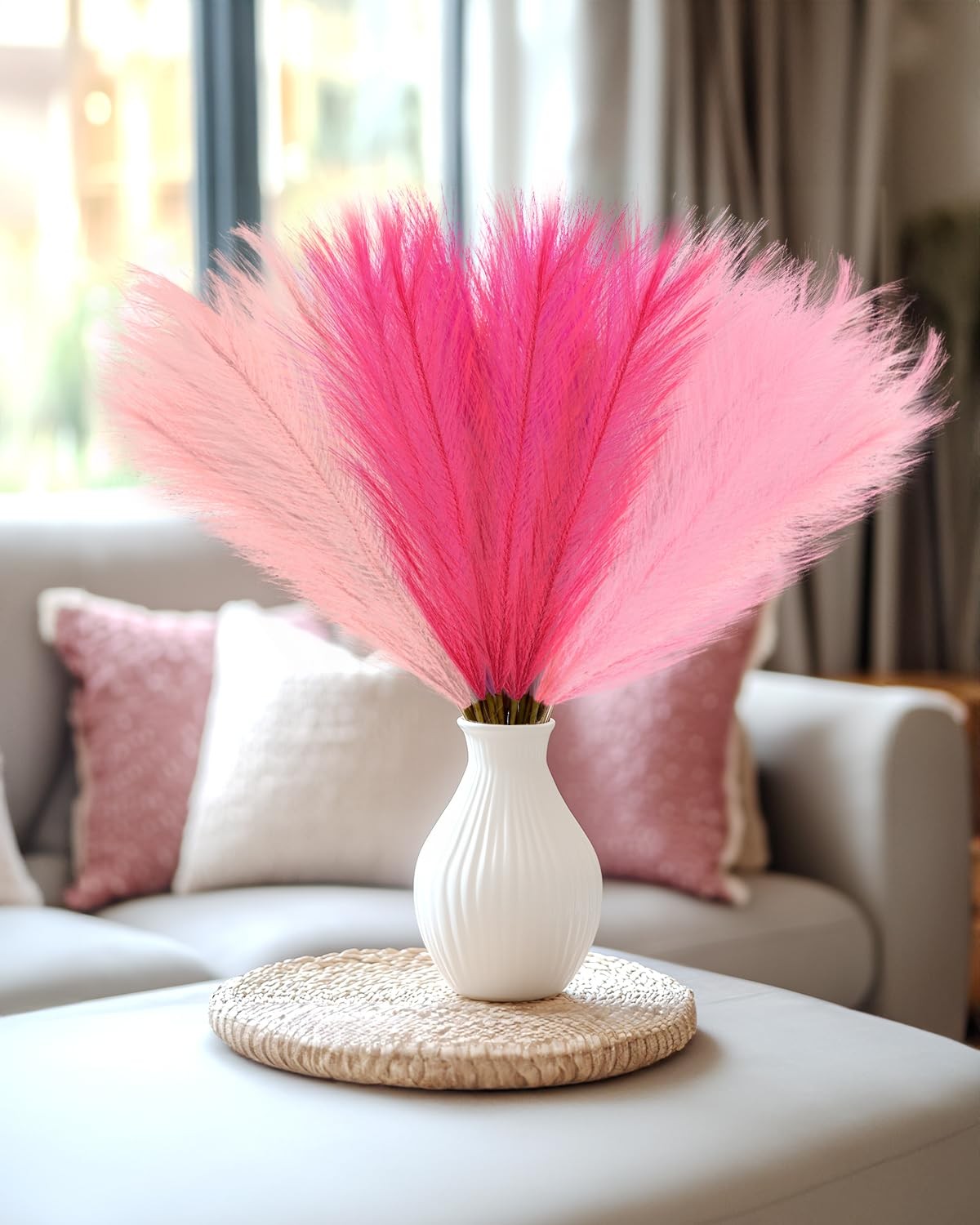 48pcs Pink Faux Pampas Grass Decor, 21.7inch Hot Pink Short Artificial Pompou…