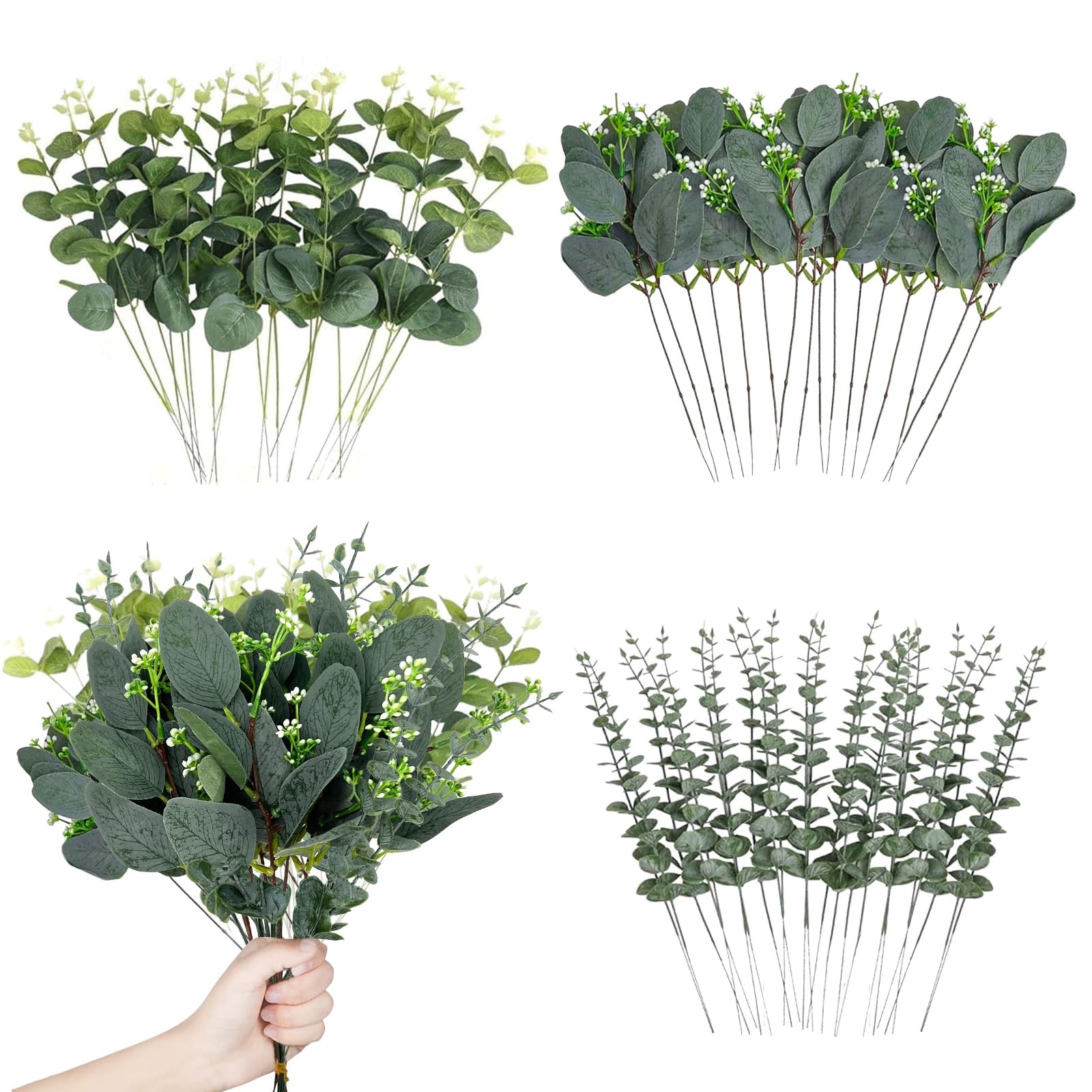 60 Pcs 3 Kinds Mixed Artificial Eucalyptus Leaves Stems, Fake Silver Dollar E…
