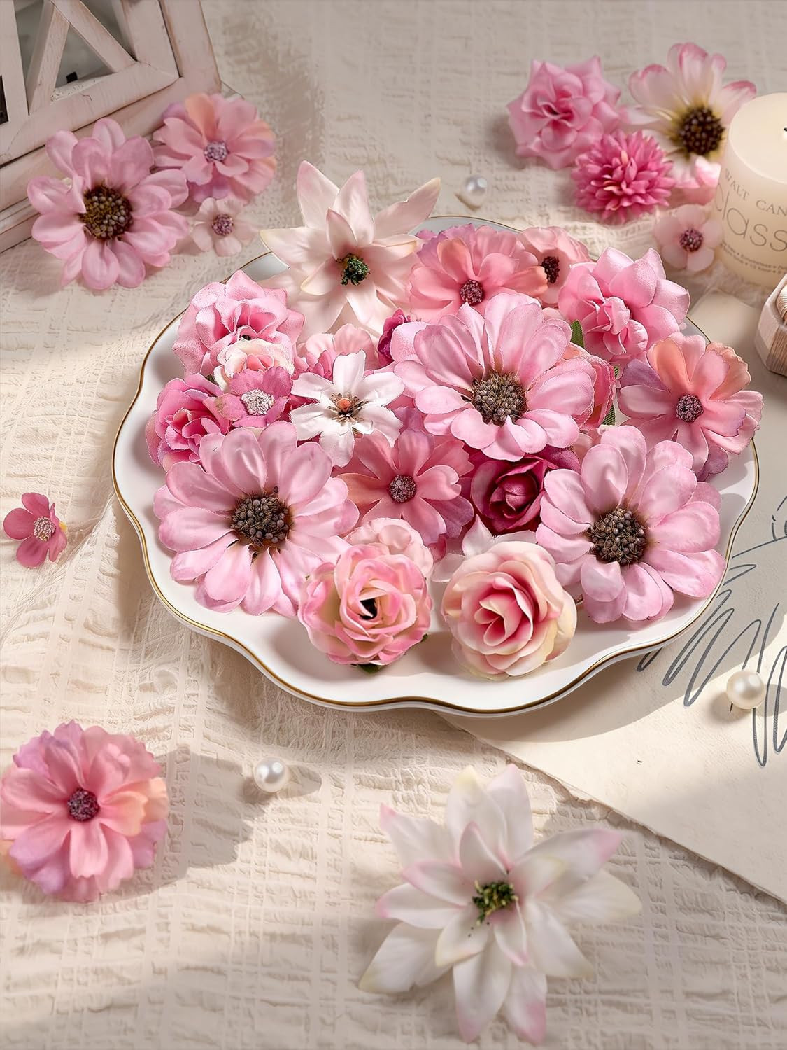 Mini Artificial Flowers for Crafts, 90 Pcs Rose Pink Silk Fake Flowers Assorted