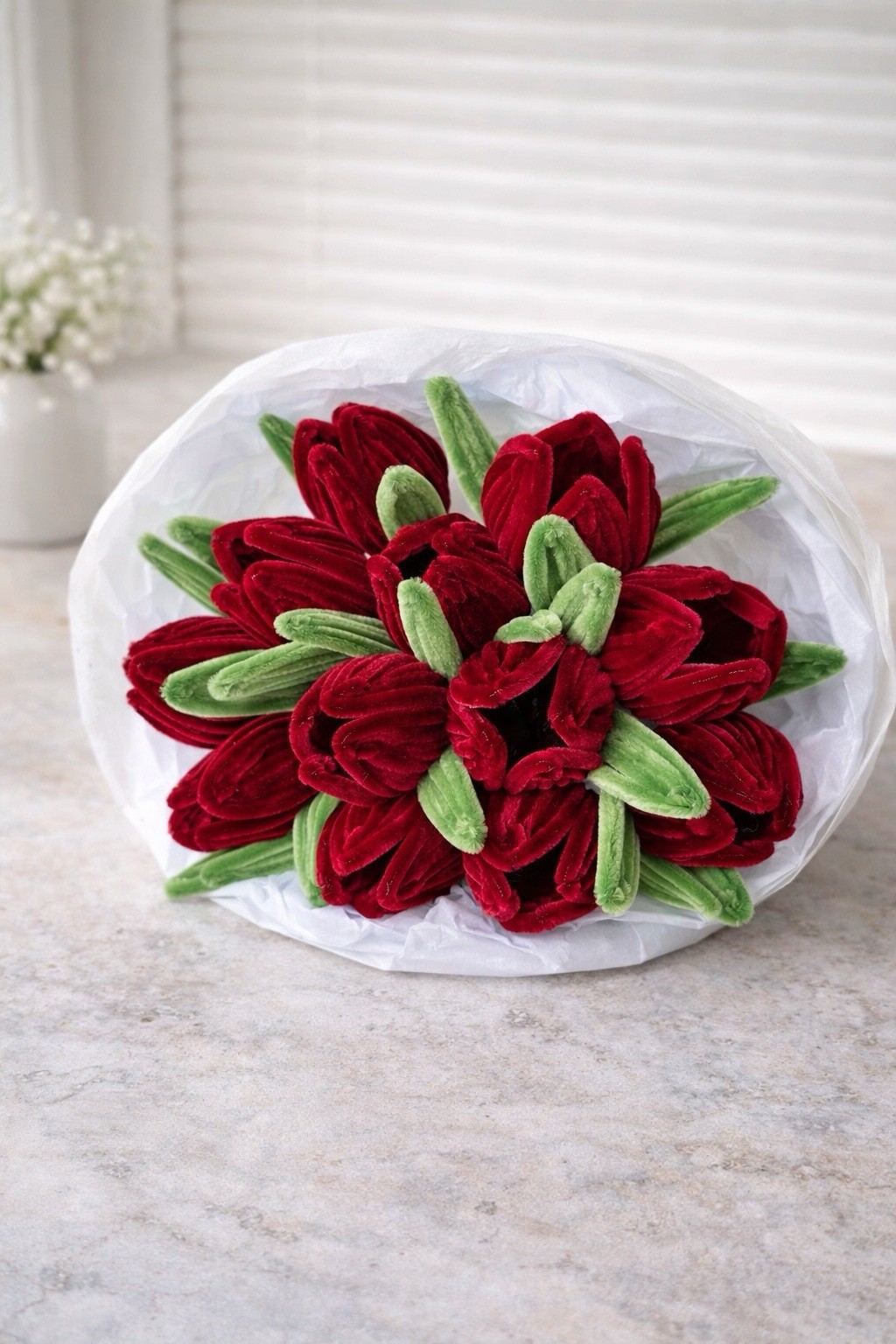 Handmade Tulip Flower Bouquet Red Green White Bunch Floral Decor