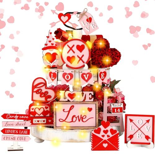 17 Pcs Valentines Tiered Tray Decor Set Red Pink Gnome Love Valentine