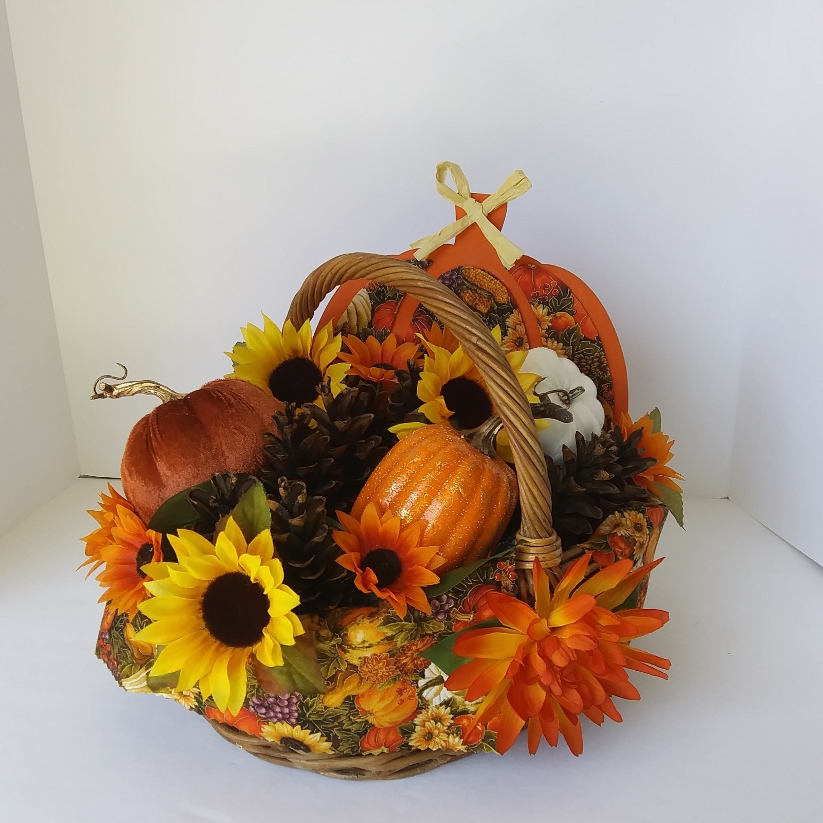 Fall Harvest Basket Centerpiece Sunflowers Pumpkins Pinecones Autumn Décor