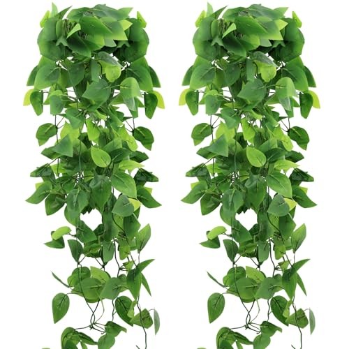 -Pack Fake Hanging Plants, Faux Hanging Plant 2 Green Pothos Ivy Vines