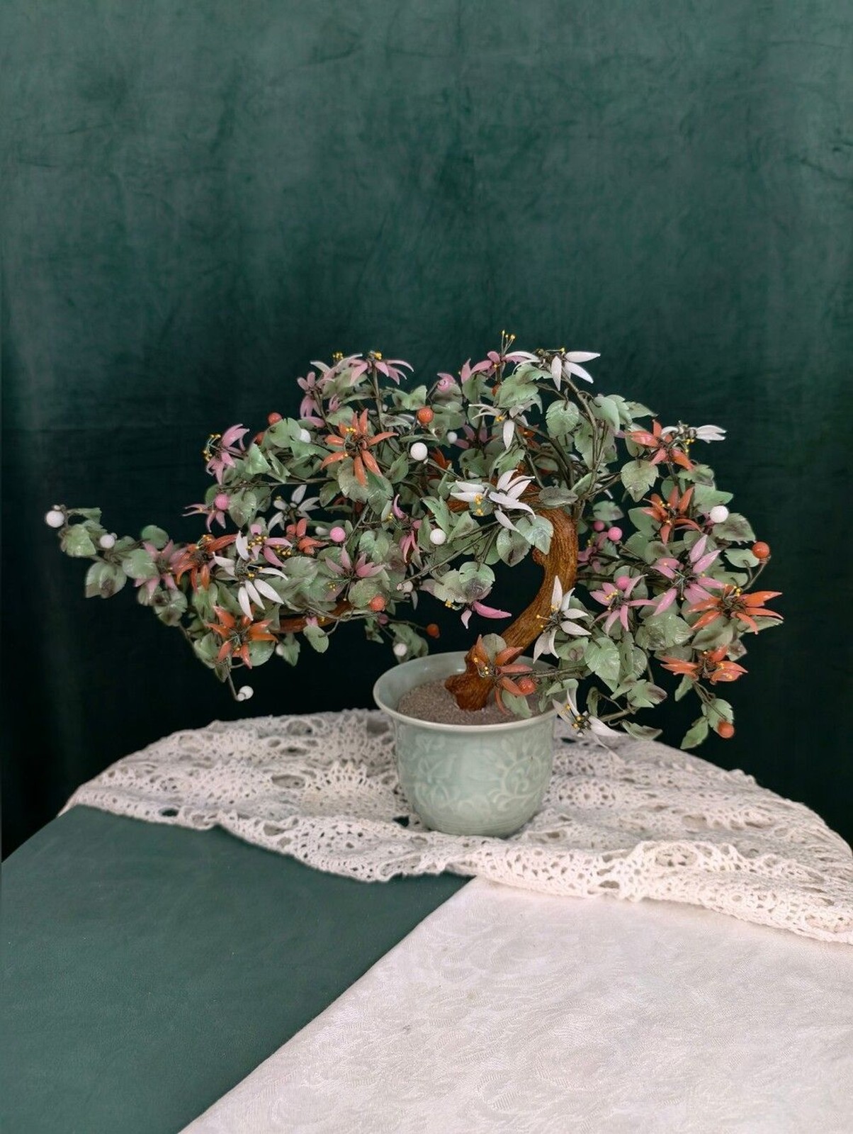 Vintage Large Jade Glass Bonsai Flower Tree in Celadon Vase