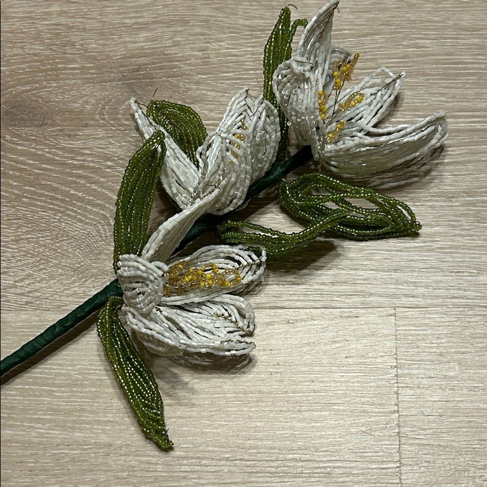 Handcrafted French White Glass Beaded Flower Stem Vintage Inspired Decorative