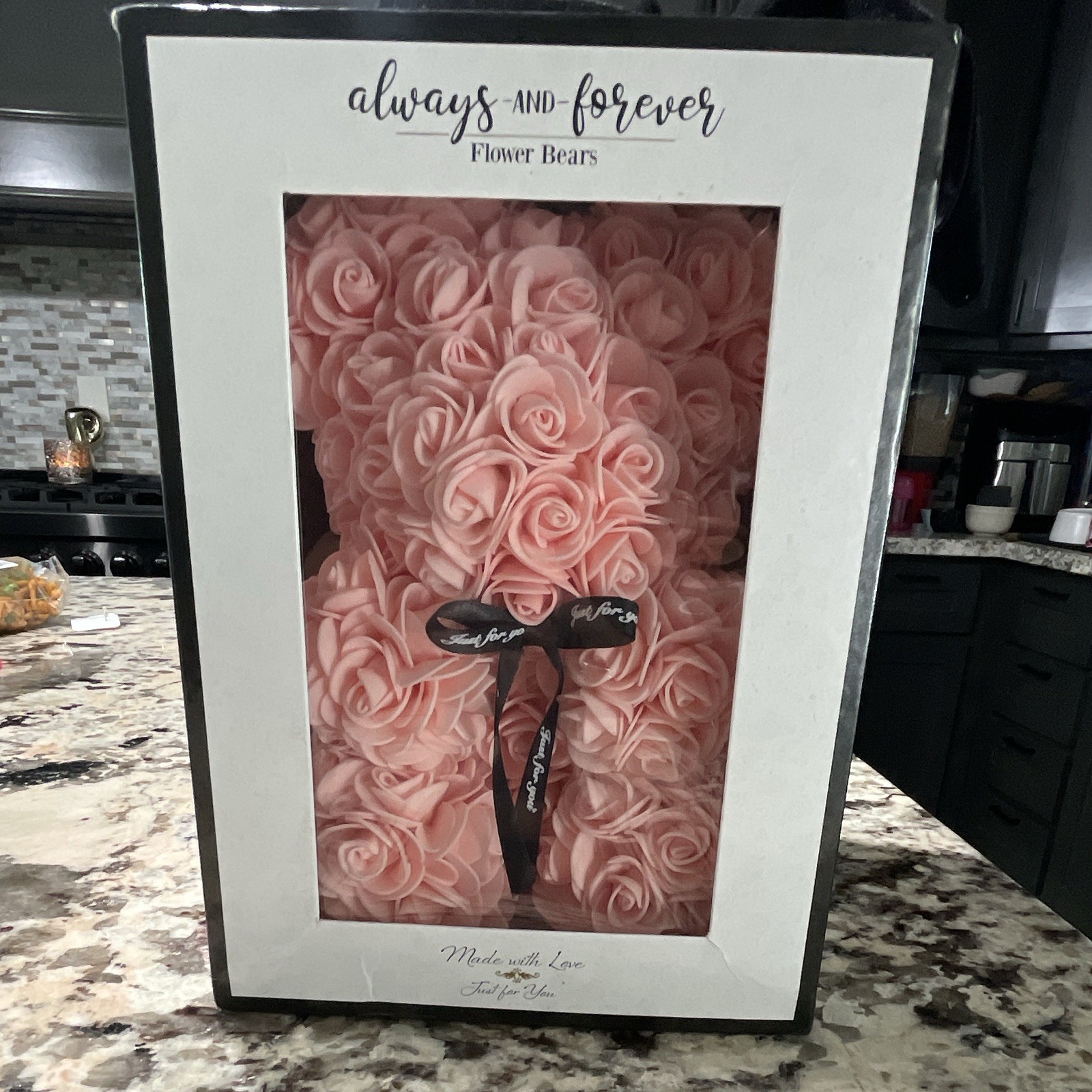 Always and Forever Pink Rose Flower Bear w/ Black Bow Gift Box Artificial Decor