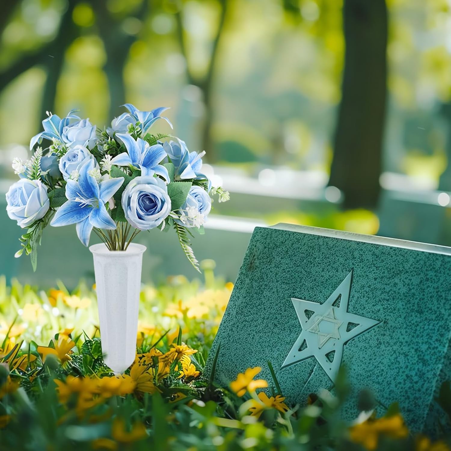 2 Set Artificial Cemetery Flowers with Grave Vase-2 Bunches Lilies & Rose Mixed