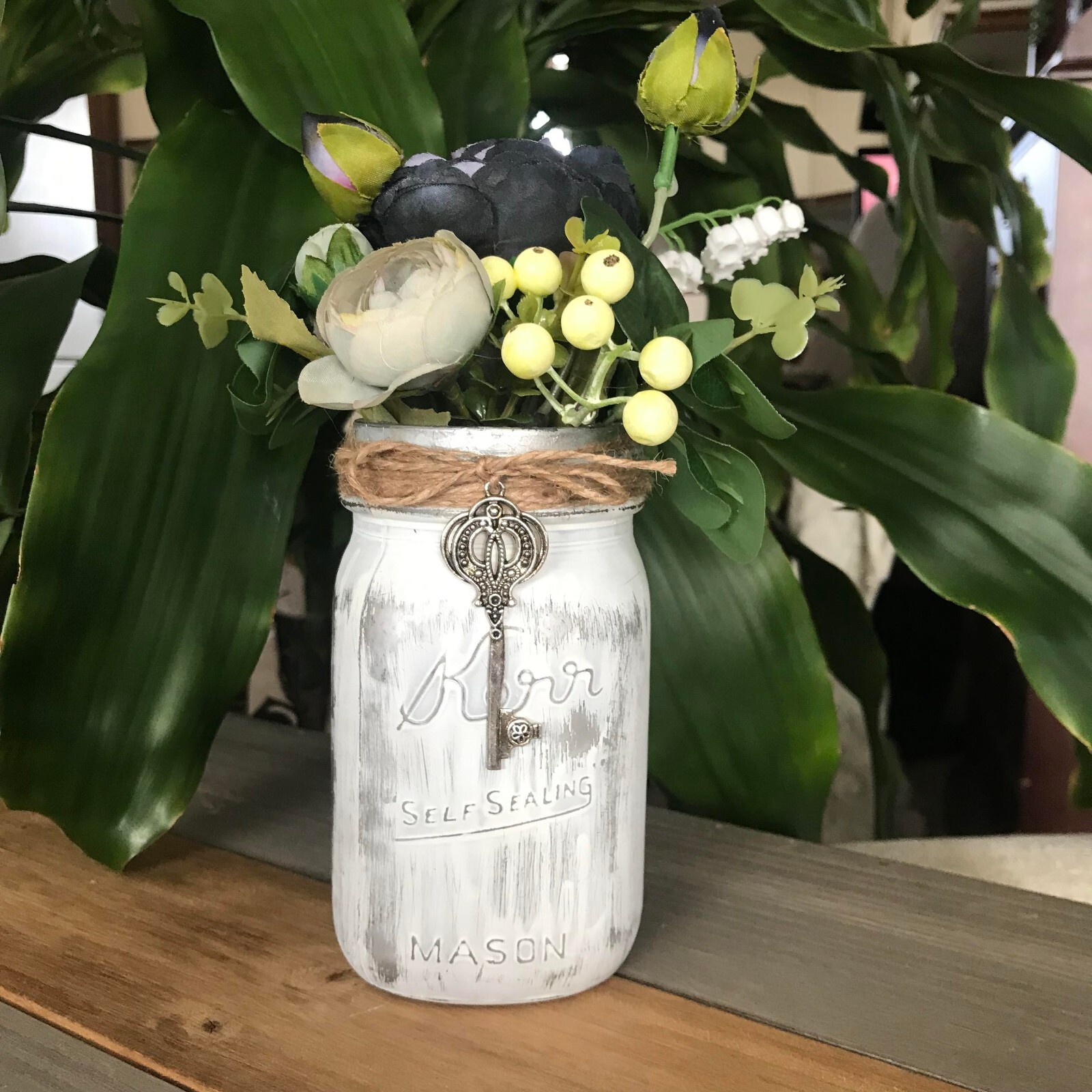 Handmade Black and Gray Floral Arrangement in Kerr Mason Jar