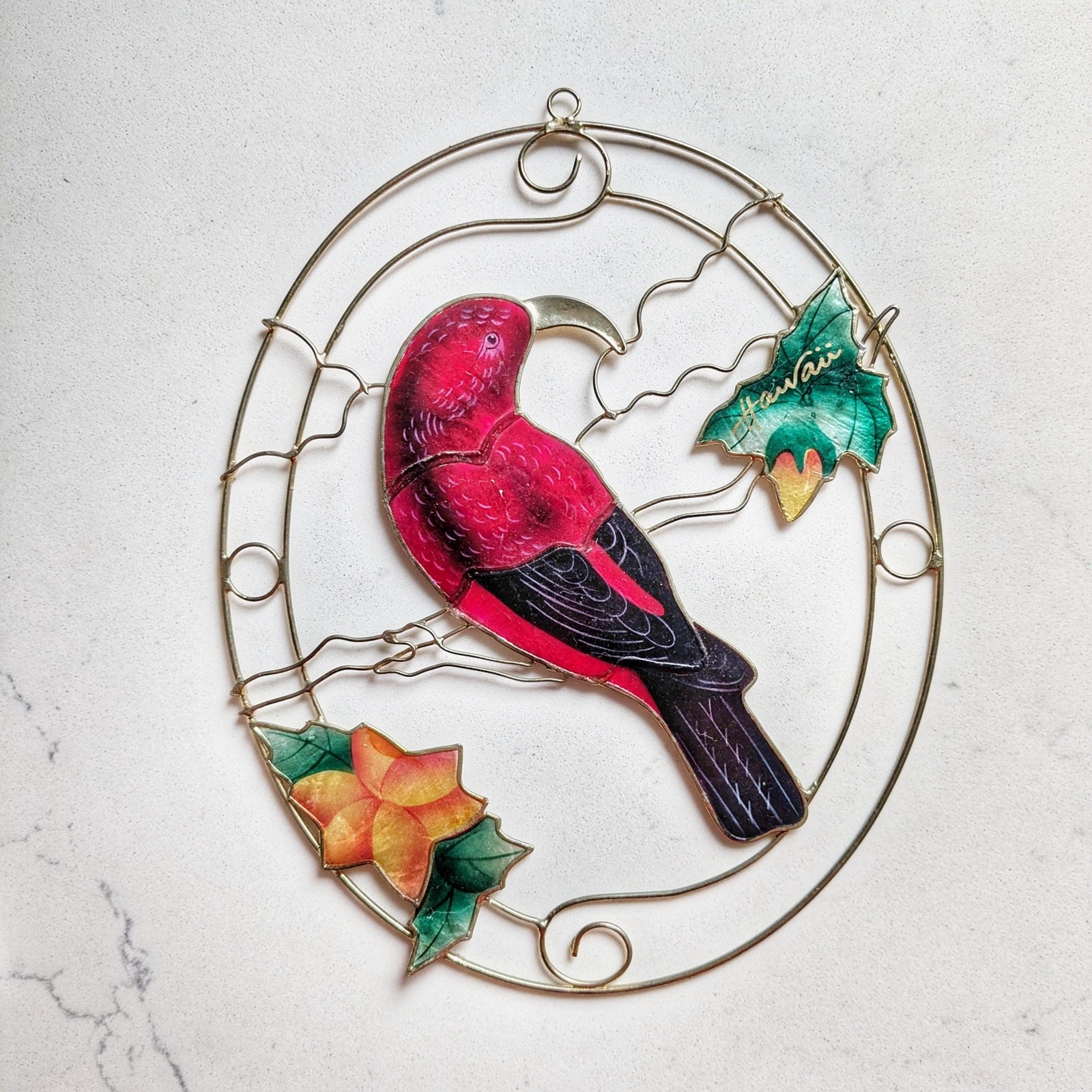 Vintage Hand-Painted Tropical Parrot Sun Catcher Stained Shell-Style Window