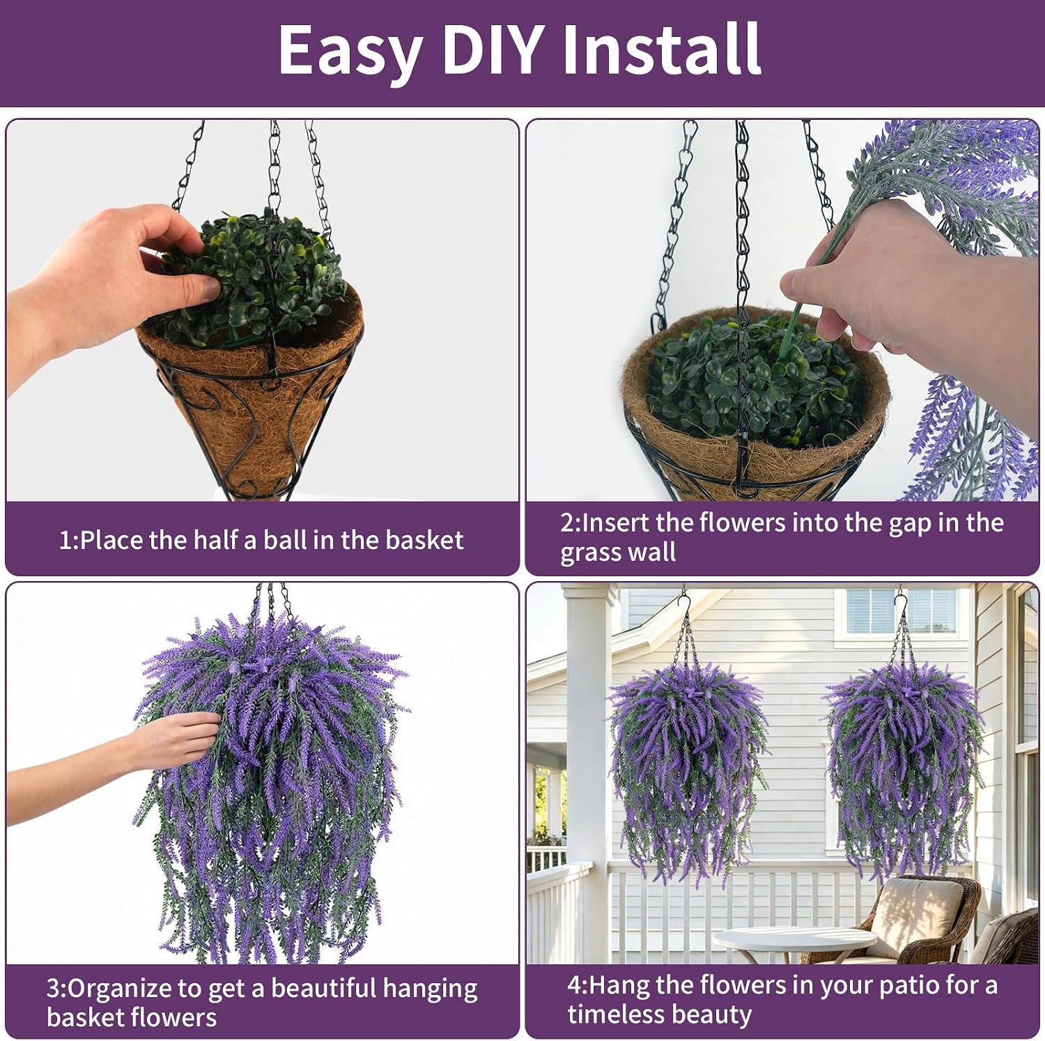 12 Artificial Lavender Hanging Baskets – UV Resistant for Porch & Garden