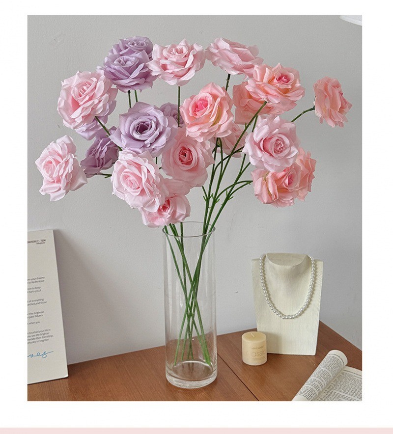 6Pcs Silk Artificial Roses Faux Flowers Pink Blue Purple for Wedding Home Decor