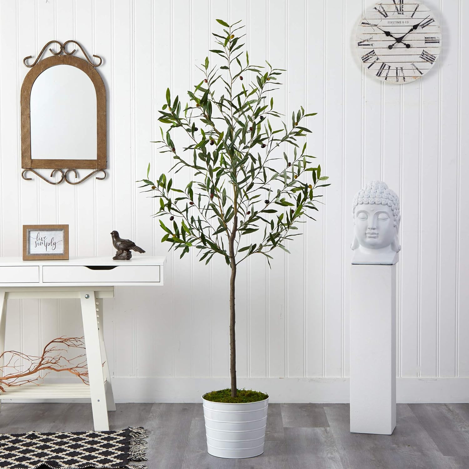 70″ Olive Artificial Tree in Chic White Tin Planter –