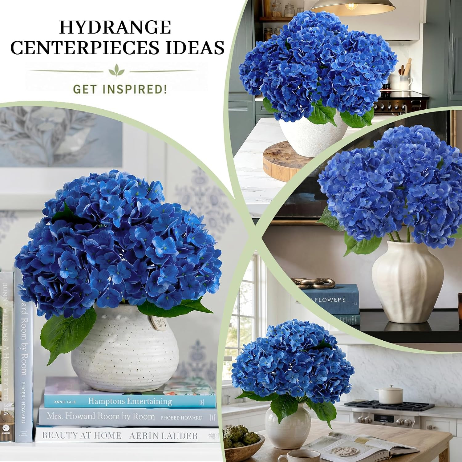 NINTYNINE Hydrangea Artificial Flowers, 4Pcs Real Touch Faux Hydrangea with Long
