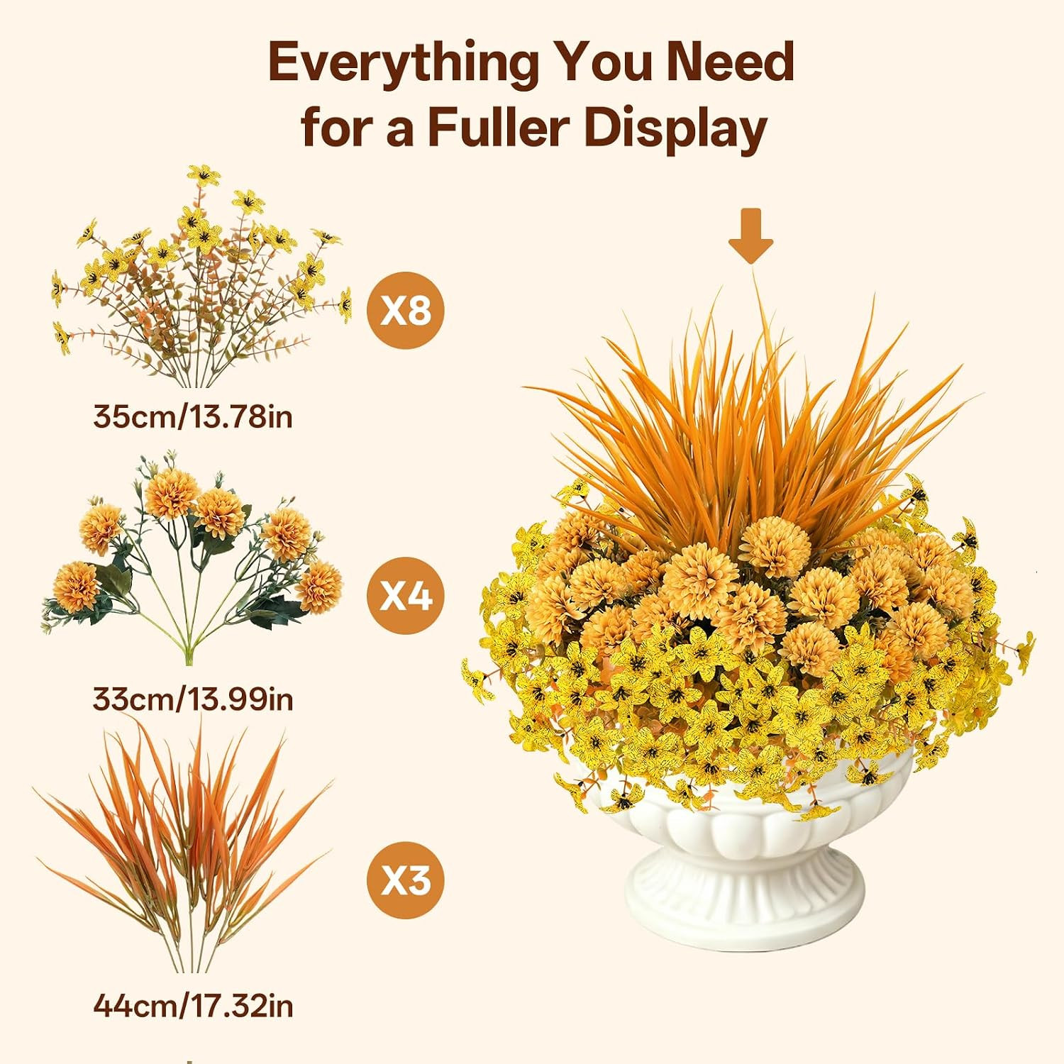 8 Bundles Yellow Faux Mums Flowers for Outdoor Planters and Gardens