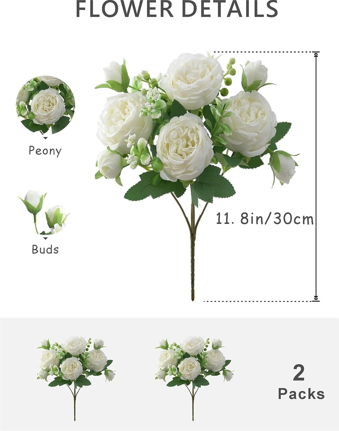 2PK Silk Peonies Artificial Flowers Fake White Bouquet Wedding Decor Centerpiece