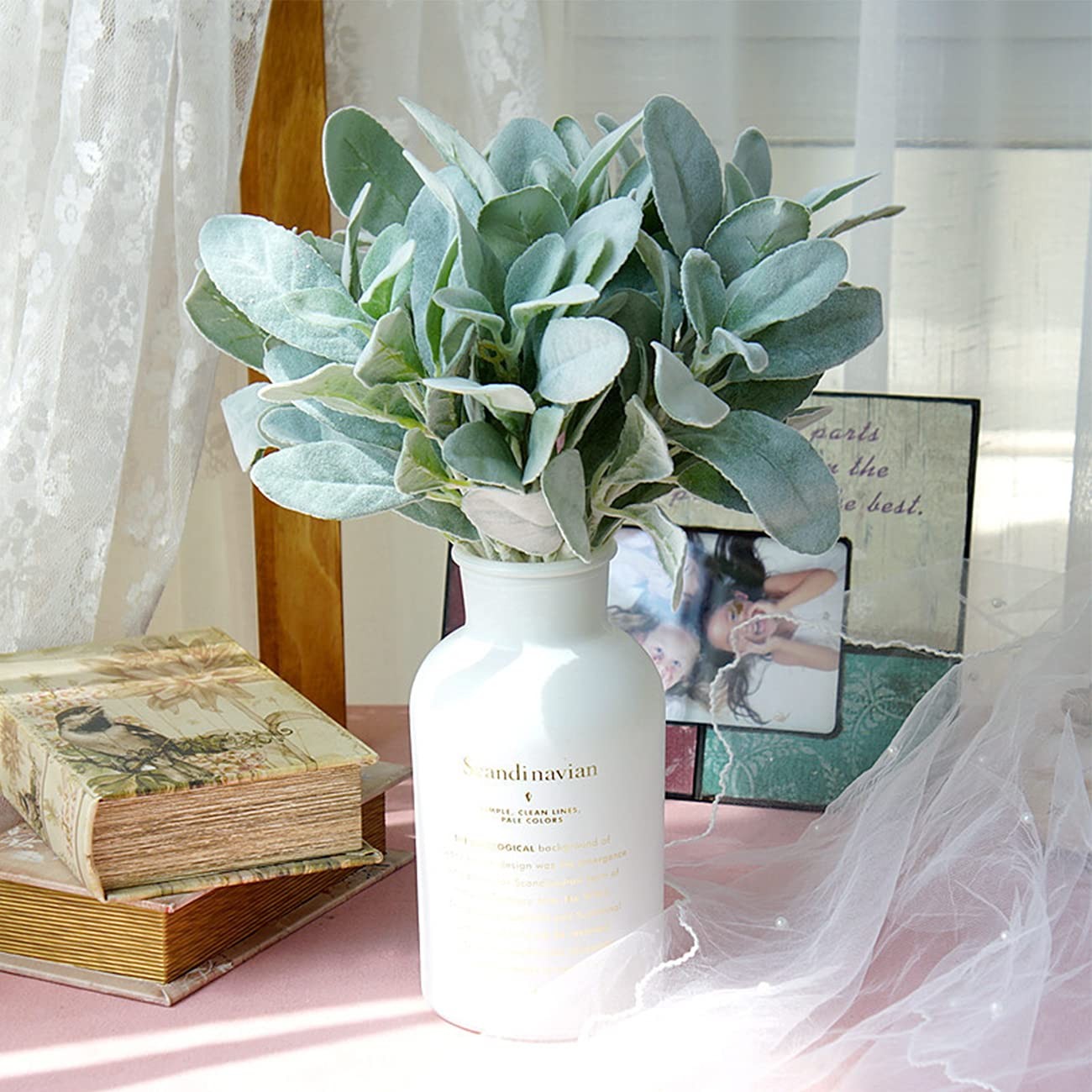 Tinsow Artificial Flocked Lambs Ear Leaves Dusty Miller Stems Flocked Oak Leaves
