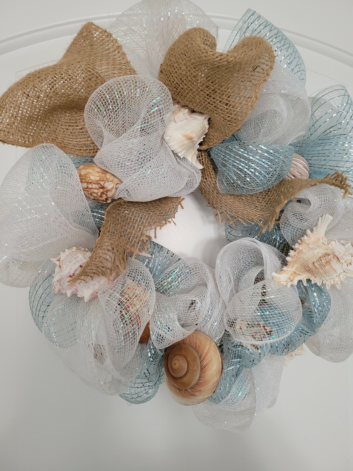 Beautiful Romantic shimmery ribbon SeaShell Wreath 16″ Coastal beach house decor