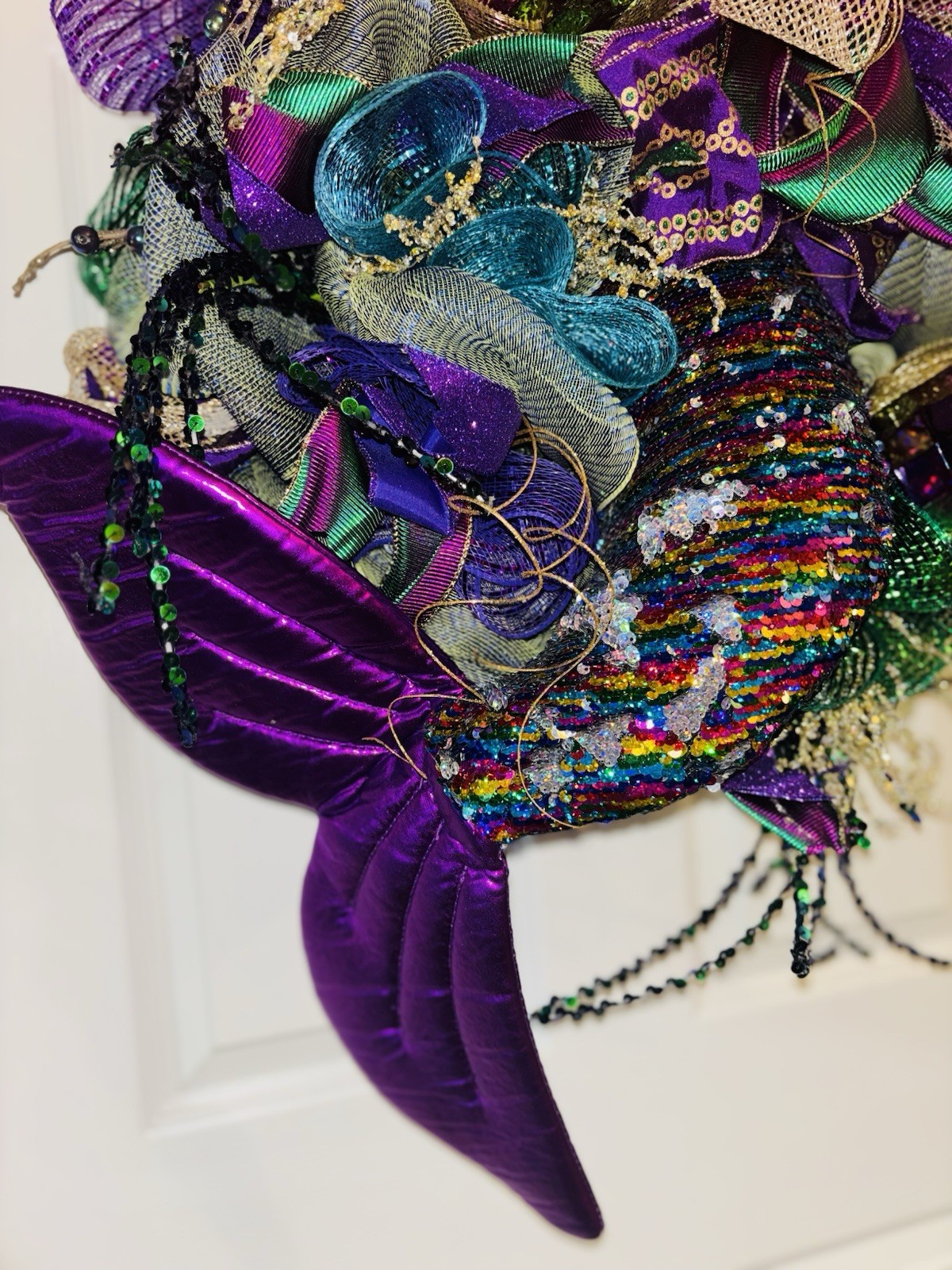 Mardi Gras Wreath Extra Large With Mermaid Tail and Fleur De Lis Handmade Deco