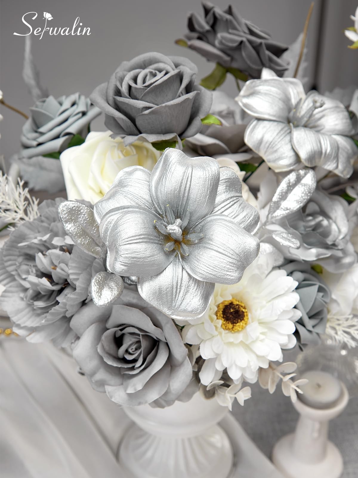 Artificial Flower Silver Grey Roses White Fake Cake Box Set Wedding Decor