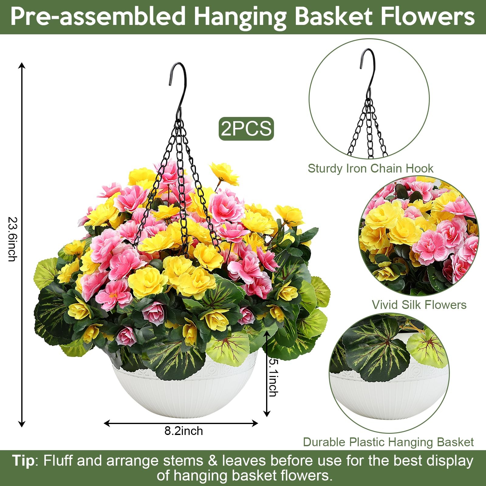 Set of 2 Artificial Flowers with Hanging Baskets Pre-Assembled Silk Fake Large