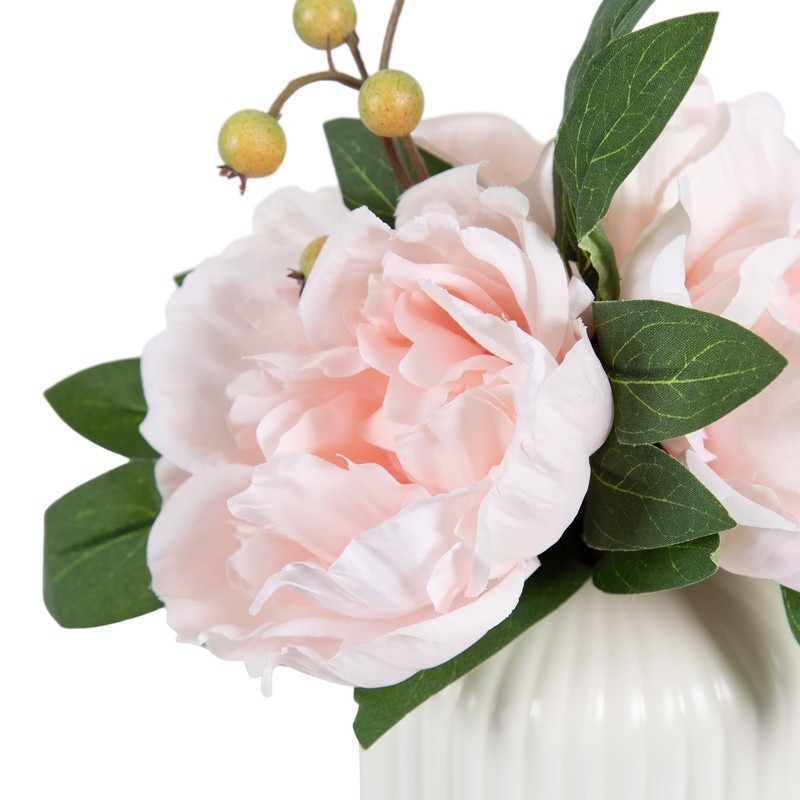 Lifelike Artificial Peony Floral Arrangement Ribbed Black Vase Home Decor Gift