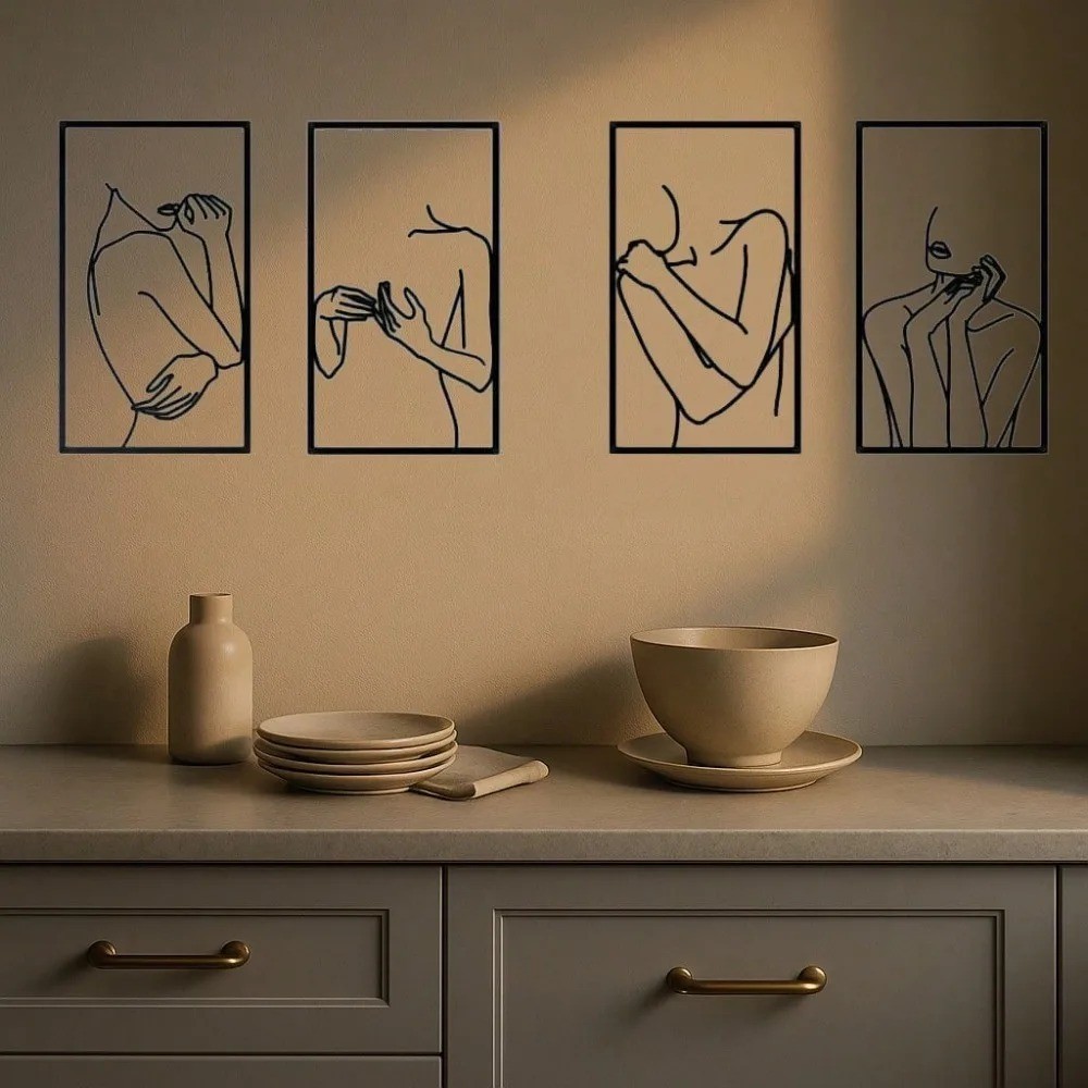 4Pcs Minimalist Black Line Woman Metal Wall Art Waterproof Rustproof Home Decor