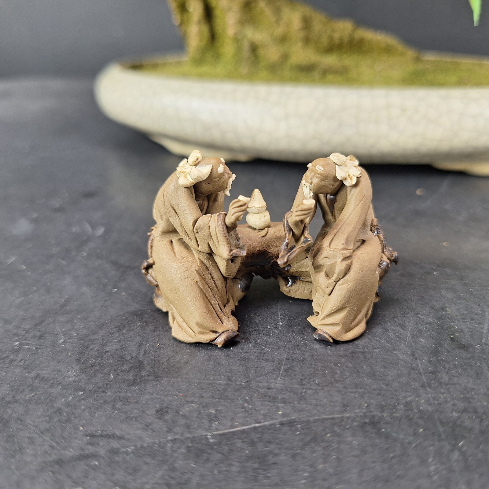 Artificial Bonsai Tree with Ceramic Planter & Clay Asian Figures Fake Plant