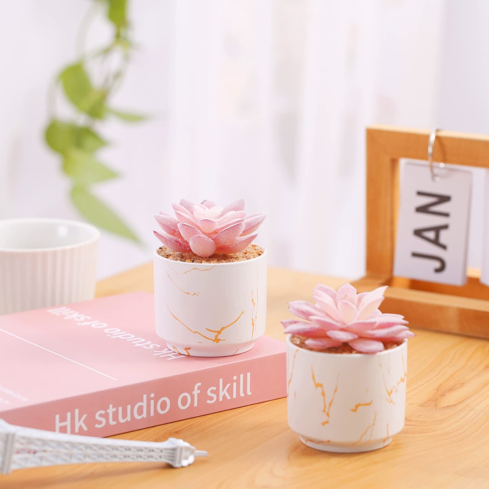 Artificial Plants Succulents 2 White Ceramic Pots Small Fake for Office Desk