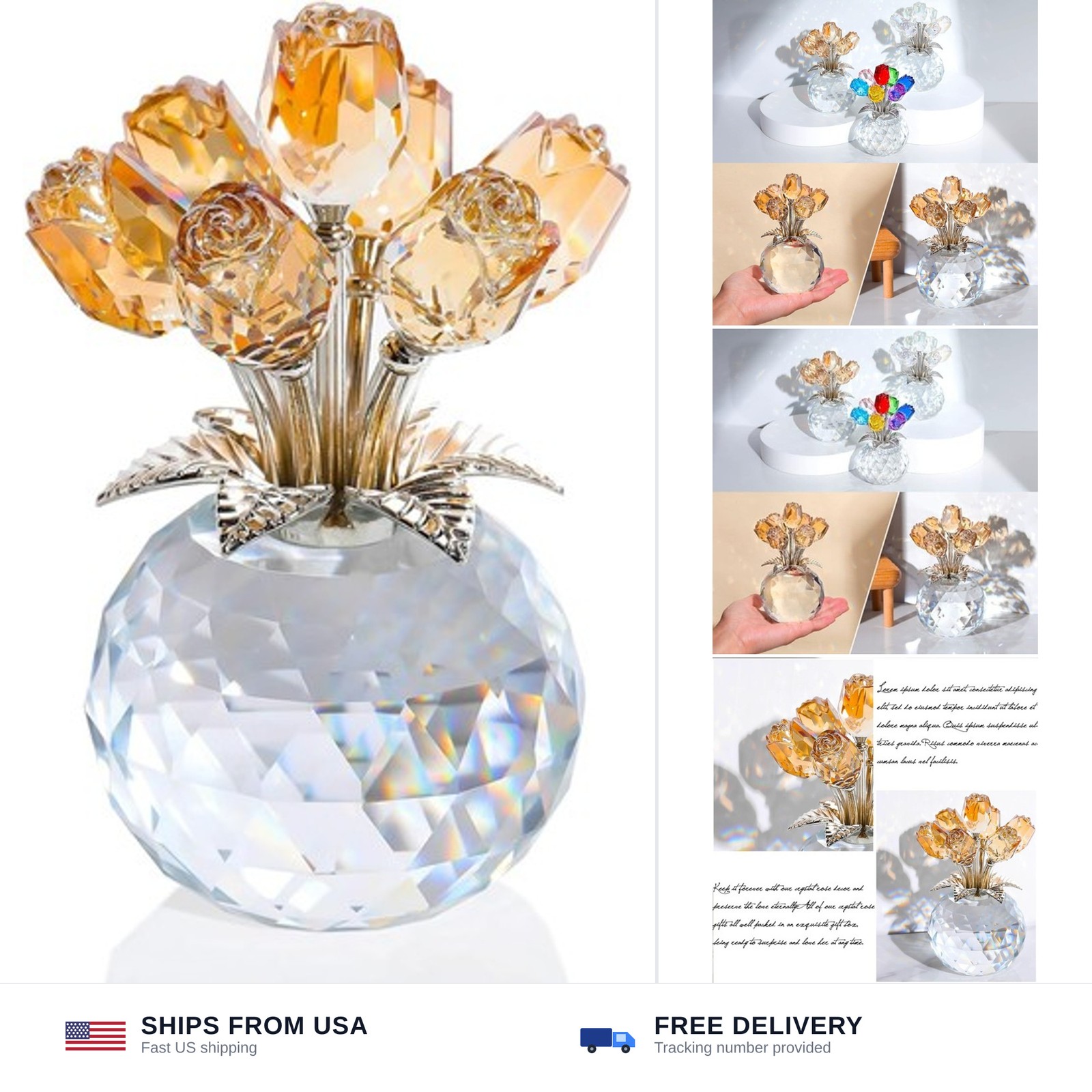 Ornalrist Crystal Gold Roses Figurine, Glass Roses Bouquet Collectible Decor …