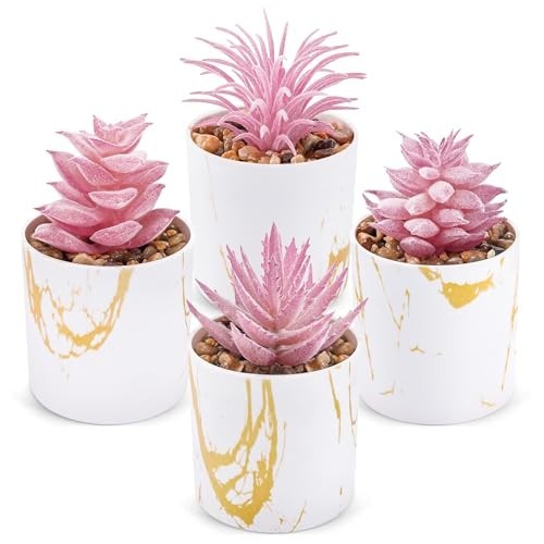 Set of 4 Artificial Succulent Plants – Pink Desk Decor for Office & Home, Gifts
