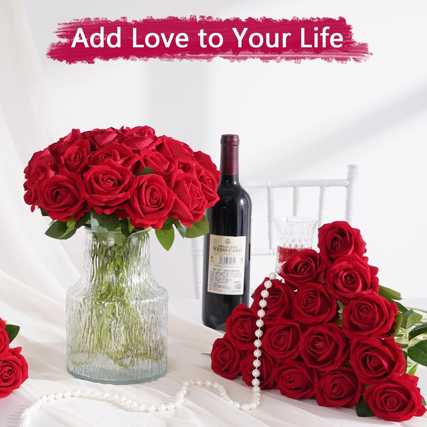 200 Pcs Red Roses Artificial Flowers, Real Touch Velvet Roses Bouquet Fake Flowe
