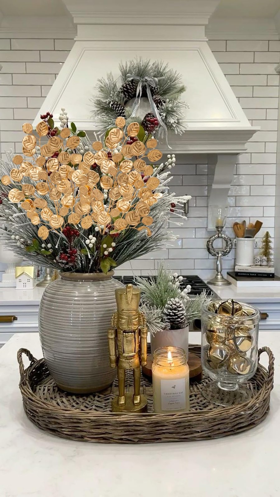 24.8” Christmas Tree Picks and Sprays 3Pcs Golden Artificial Eucalyptus Stems…
