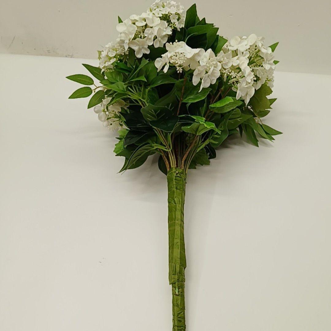 Artificial White Hydrangea Flower Bouquet 12 In Plastic Houseplant Floral Decor