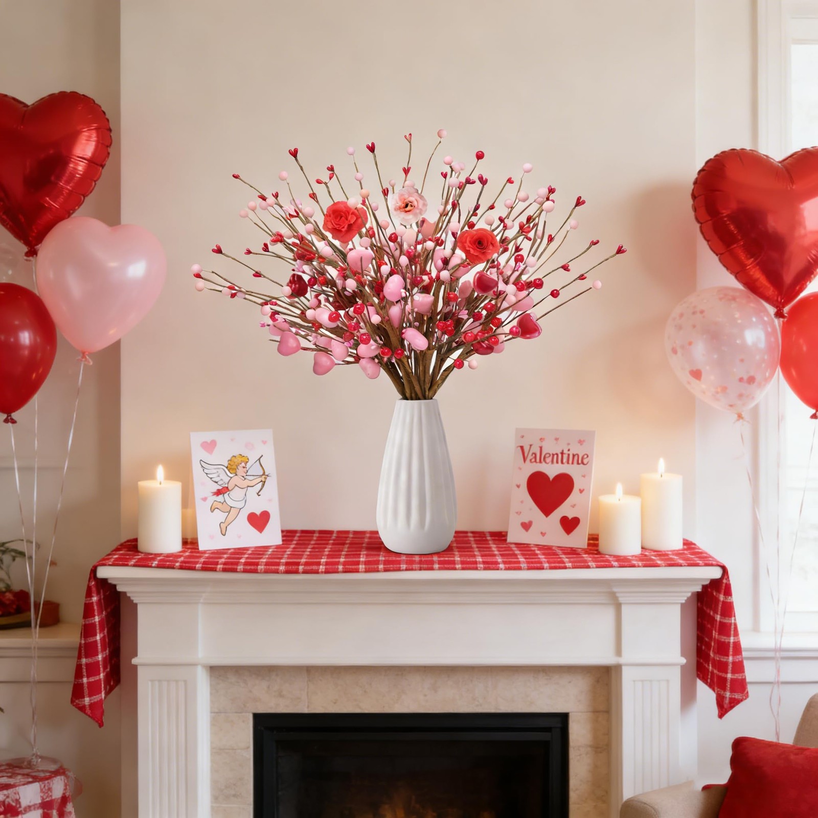 25Pcs Pink Heart Berry Picks with Red Berries Valentines Day Decorations – Ar…