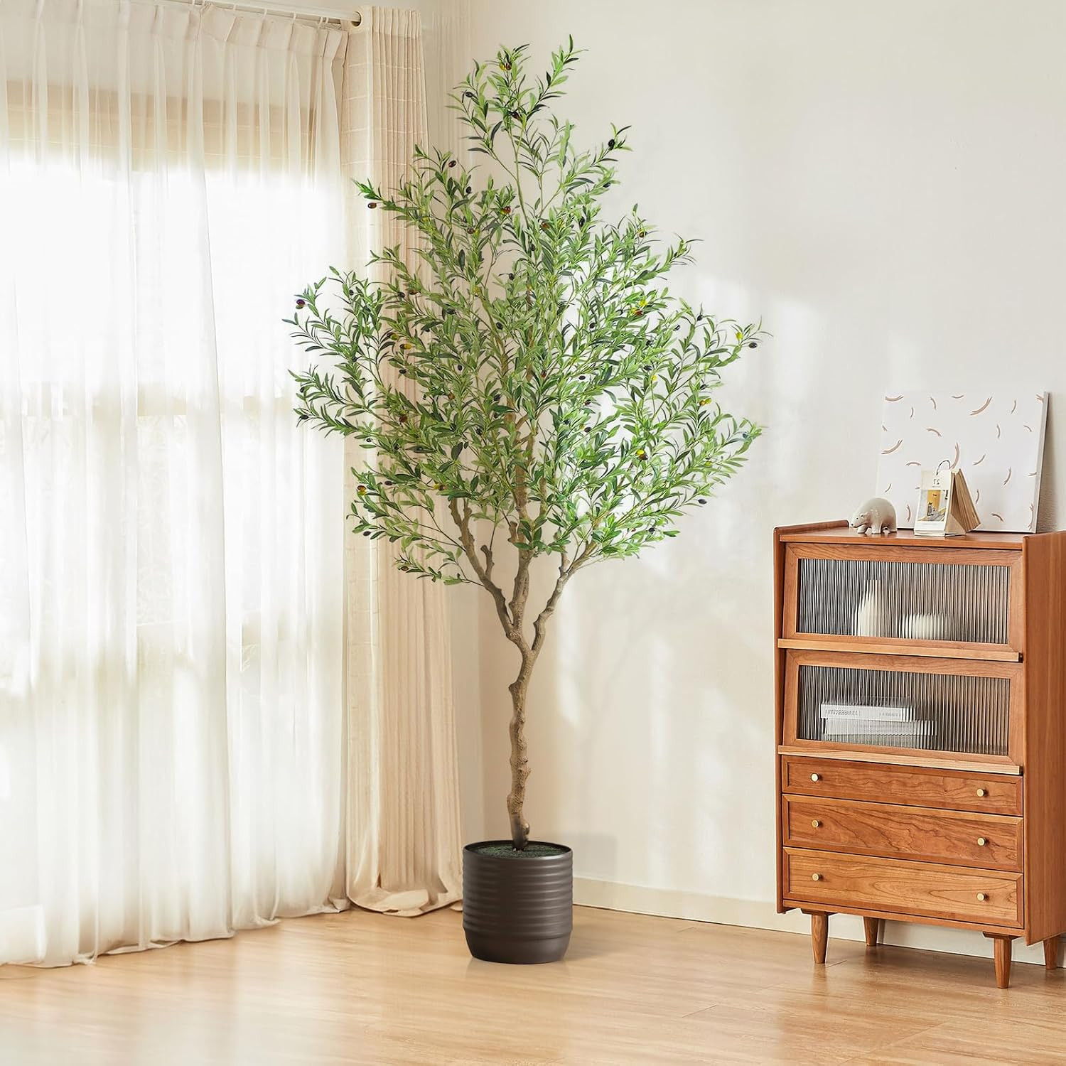 7ft Artificial Olive Tree Potted, Faux Indoor Plants with Natural Wood Trunk & L