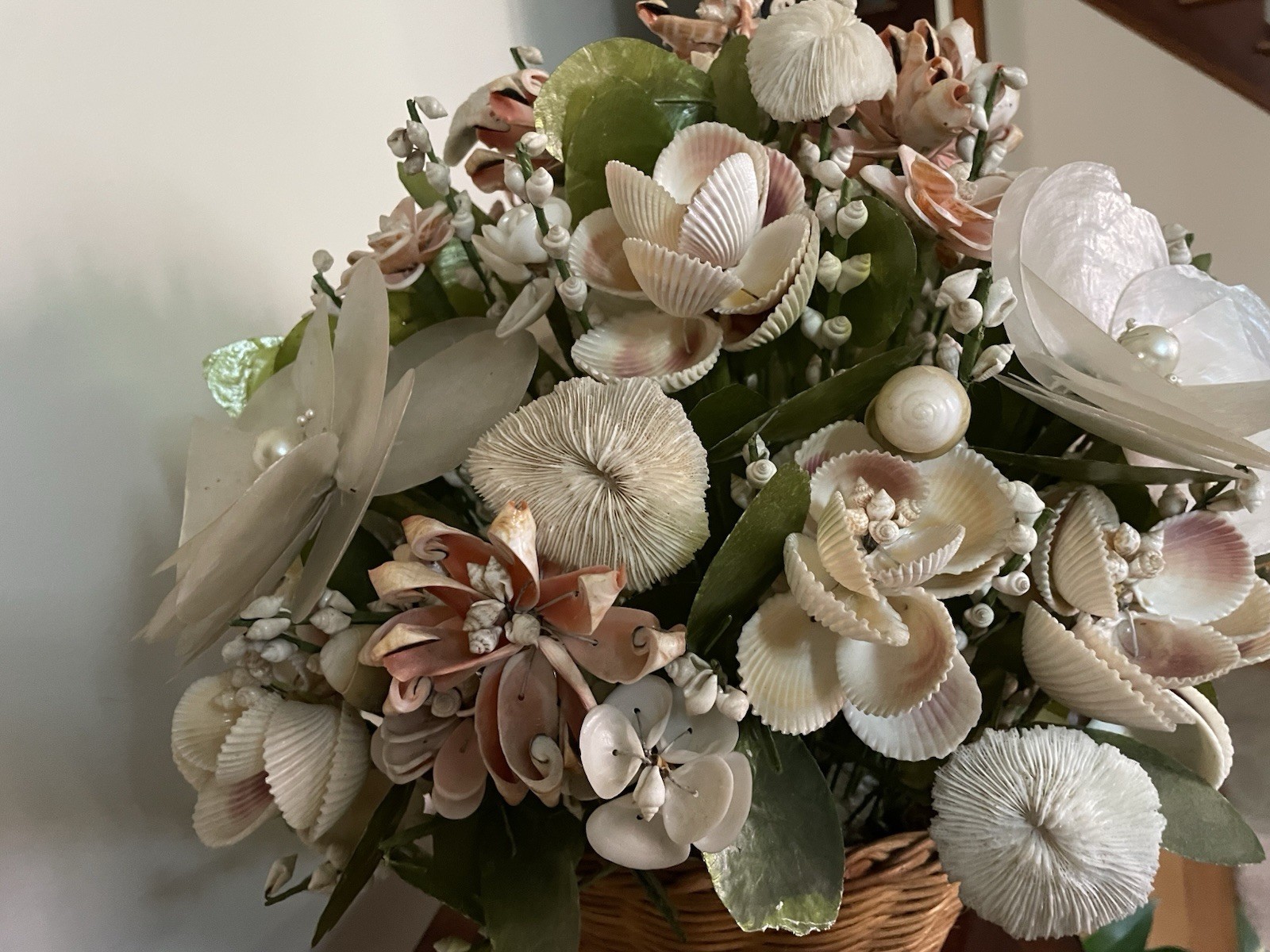17″ Vintage Floral Centerpiece Seashells Flower Bouquet Arrangement capiz coral