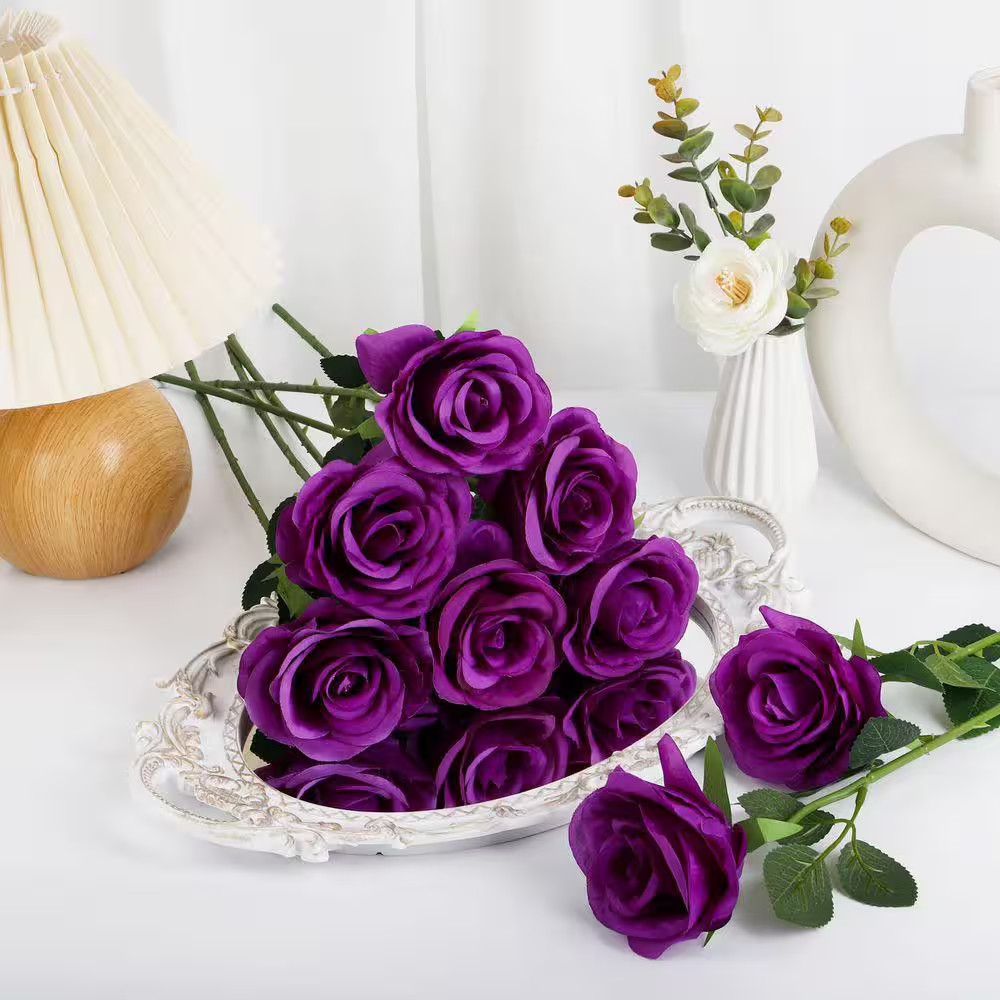 17.7 In. 20-Piece Purple Indoor Artificial Roses Silk Flowers for Valentines Wed