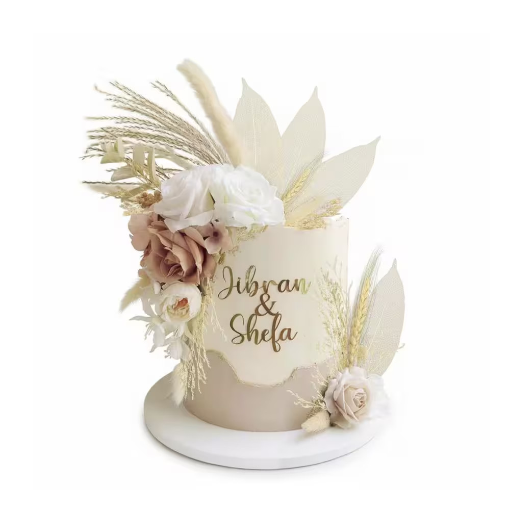 1 In. 22-Pieces Artificial Plant White Boho Cake Topper Dried Pampas Grass Rose
