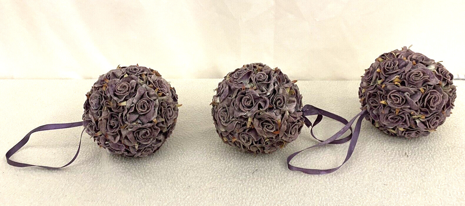 3 Purple Roses Balls w Ribbon hangers approx. 4.5″ diameter Velvet roses MINT