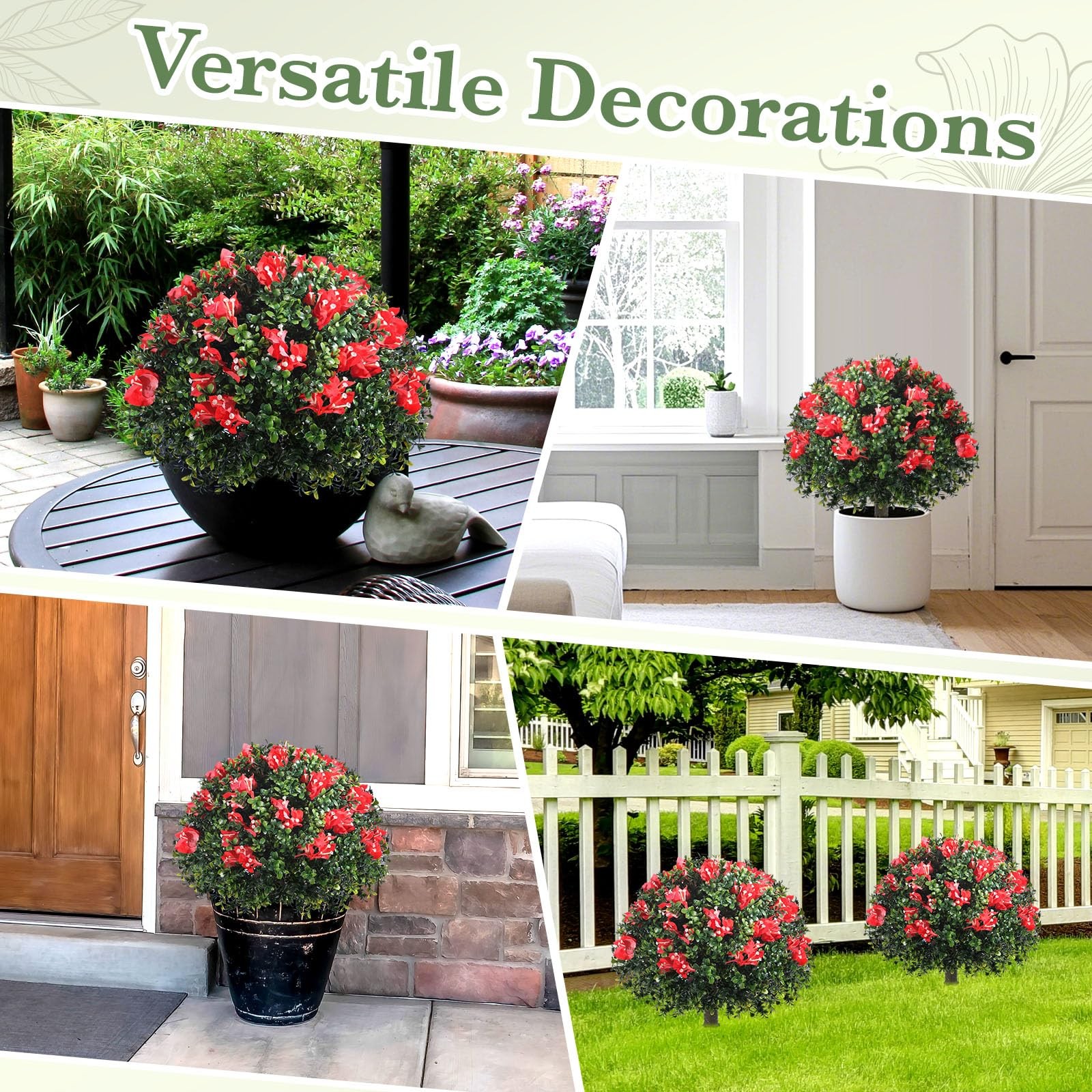 6 Pack 18″ Artificial Boxwood Topiary Balls with Bougainvillea Flowers with S…