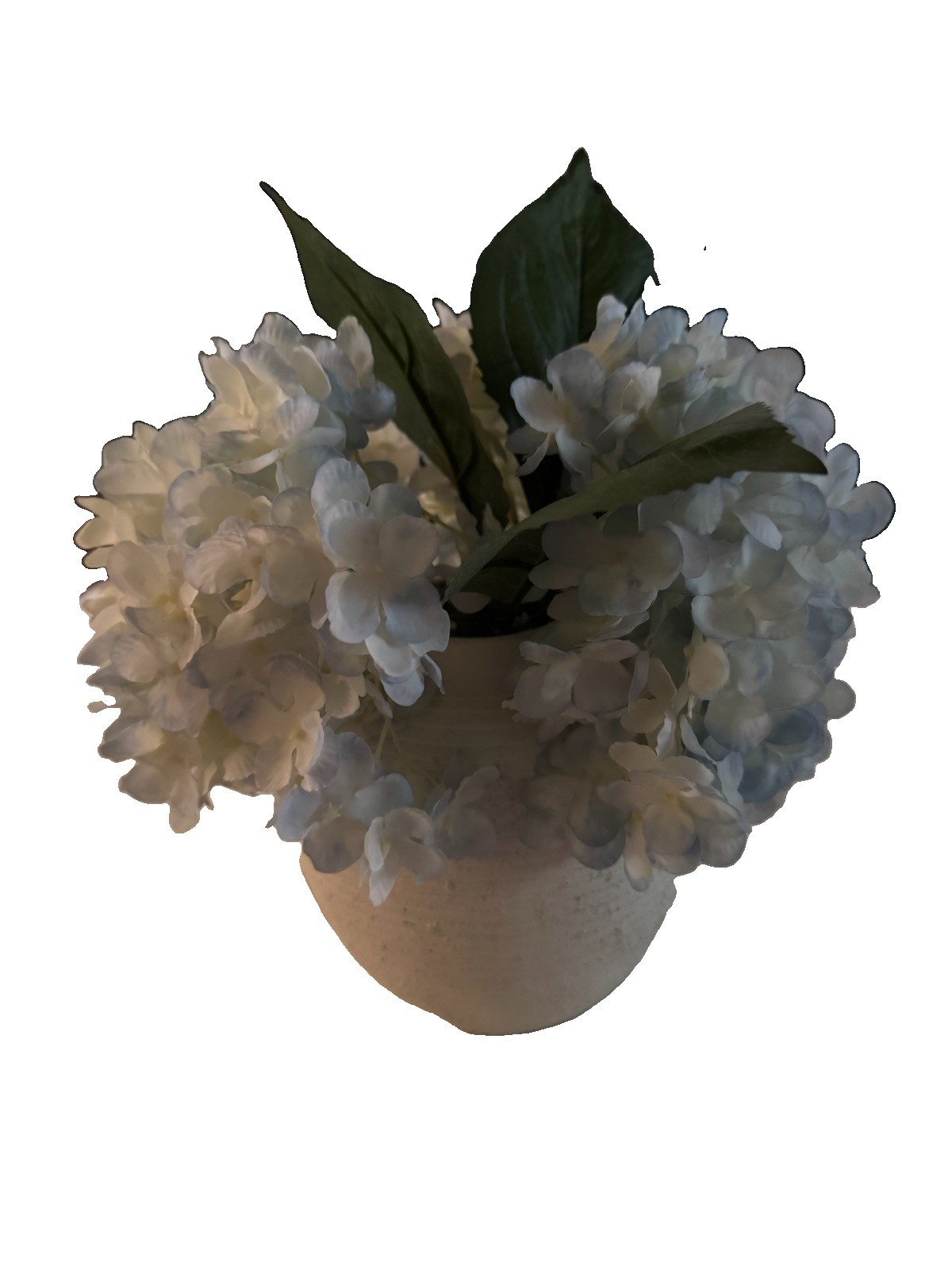 Artificial Light Blue Hydrangea Flowers w/Textured White Vase 3.5” Vase Bottom