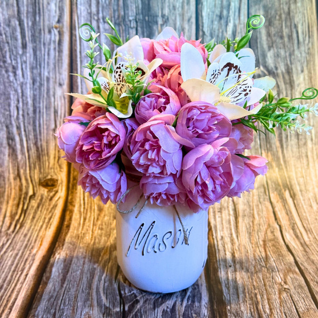 Pink Peony Lily Floral Arrangement 16oz Mason Jar Baby Shower Gift, Home Decor