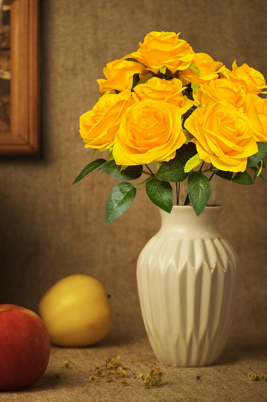 10-Heads Yellow Artificial Rose Silk Flowers Bouquet for Home Wedding Decor