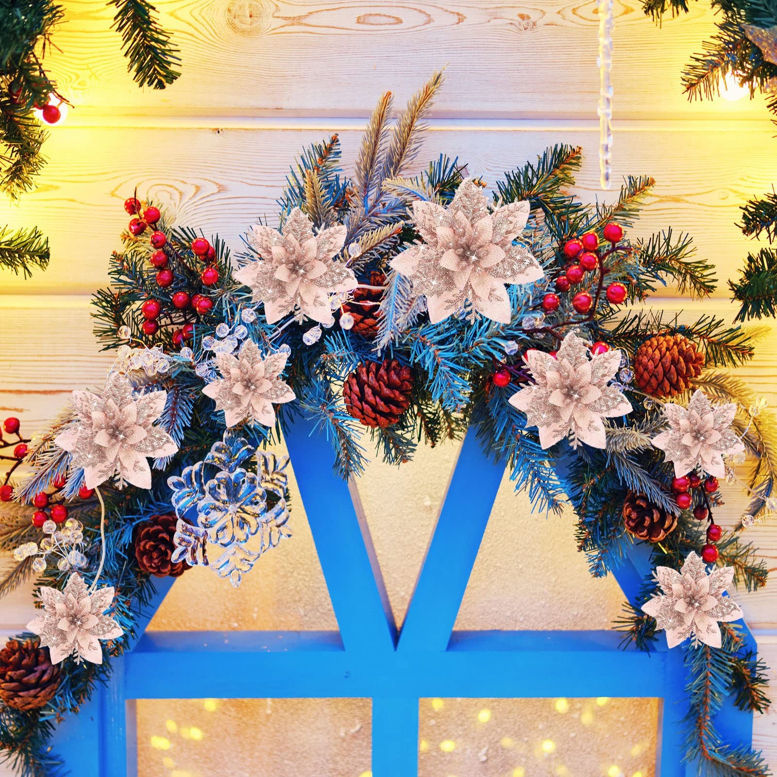 36 Pcs Christmas Glitter Artificial Poinsettia Flowers Xmas Poinsettia Artifi…