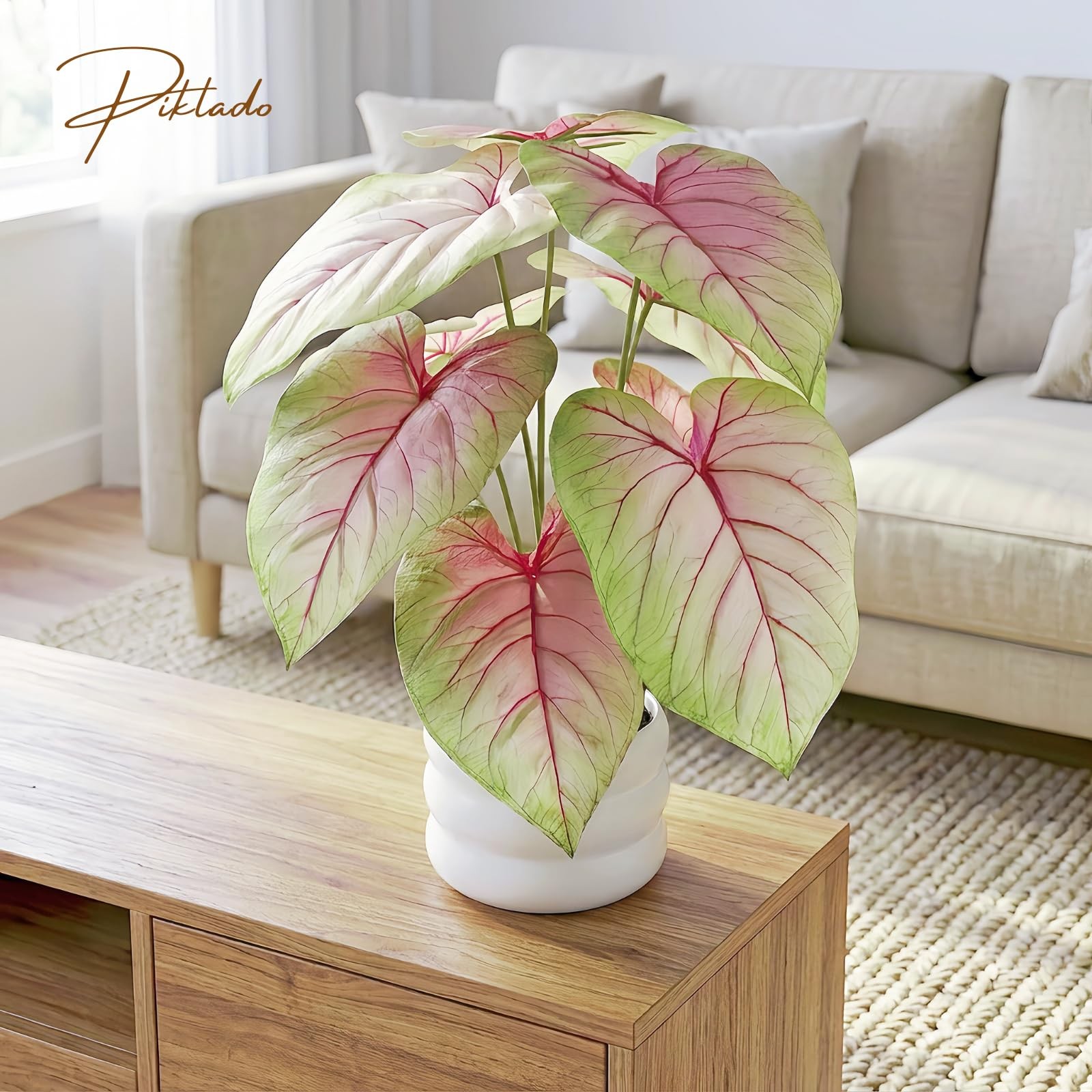 Faux Caladium Bicolor Plants in White Pot, 15.7″ Tall Fake Alocasia Potted Se…