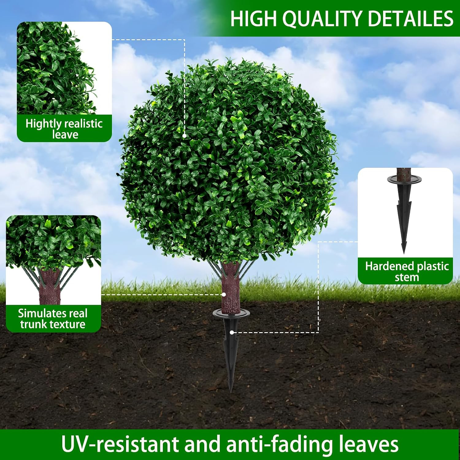 Yangrass Artificial Boxwood Topiary Ball Trees with Ground Spike, Set of 2 UV Re