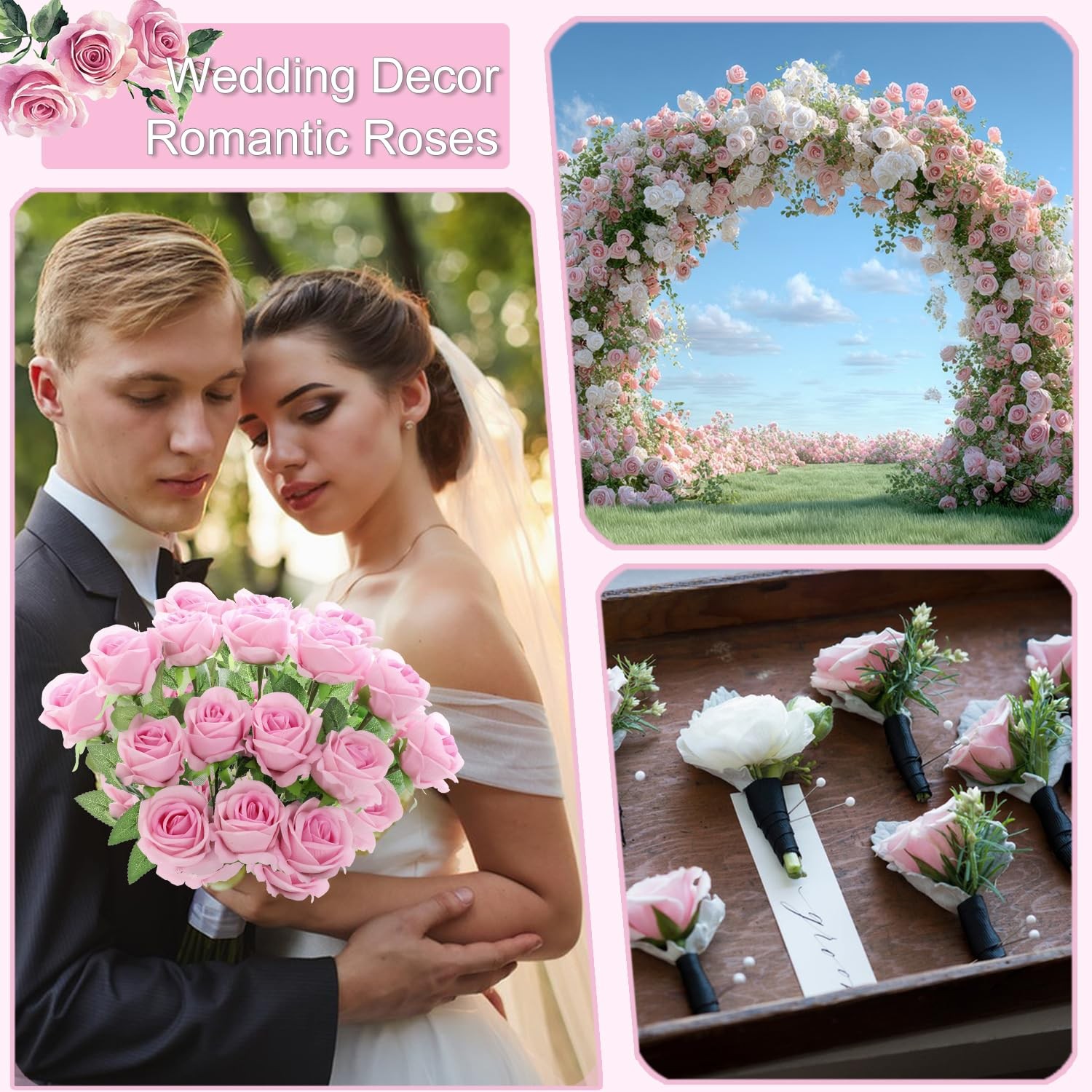 Pearl Gradient Pink Faux Velvet Silk Artificial Fake Roses Flowers 12 PCS